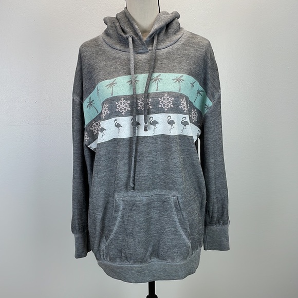 WILDFOX Hooded Sweatshirt Flamingos palm trees snowflakes Gray Size large - Picture 2 of 9